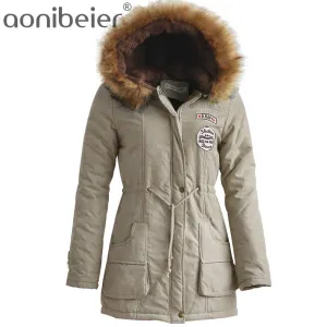 Aonibeier Winter Women Jacket Artificial Fur Collar Hooded Coat Warm Jacket Female Outerwear Casual Long Down Cotton Coats