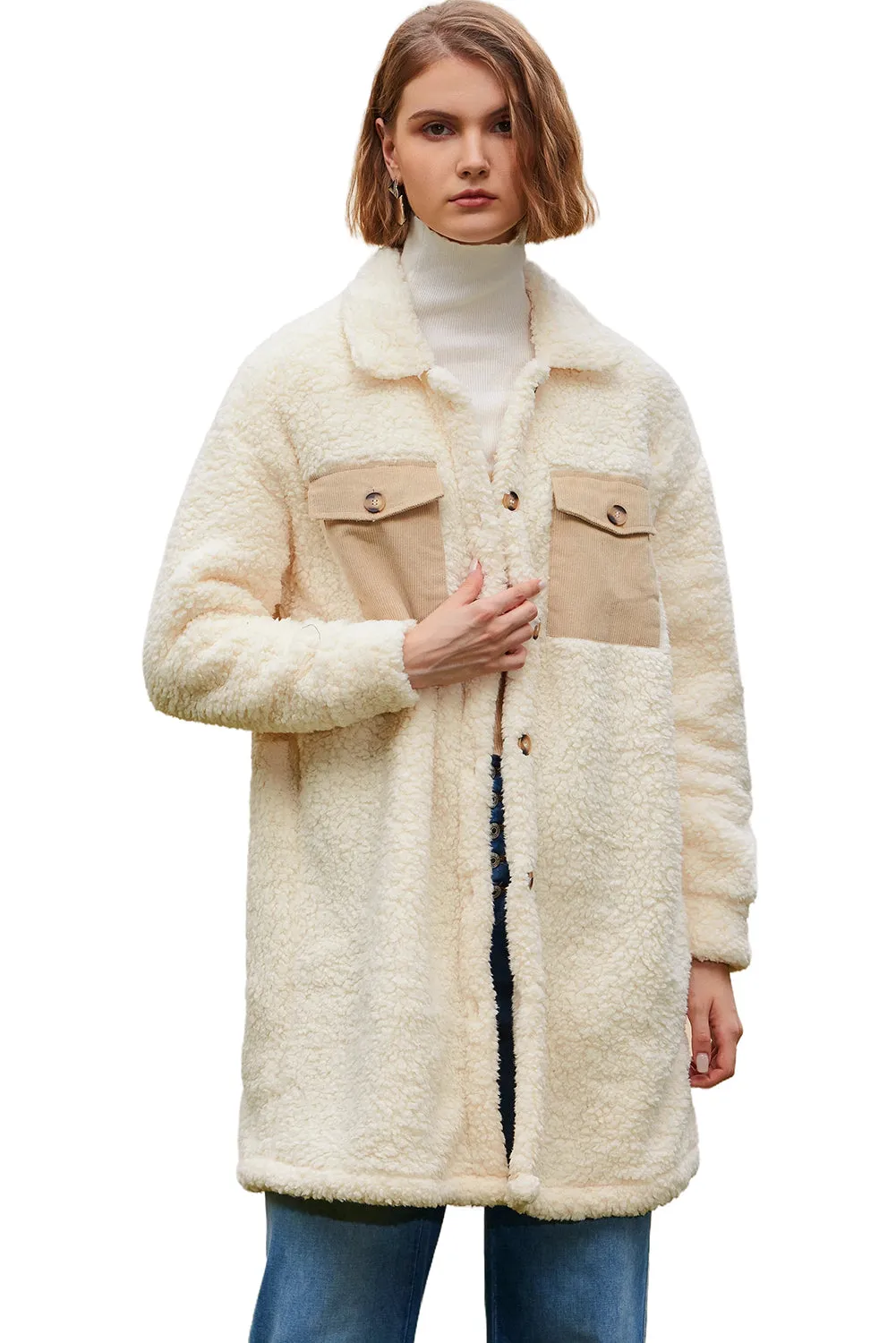 Blue Zone Planet |  Beige Contrast Flap Pocket Single Breasted Teddy Coat