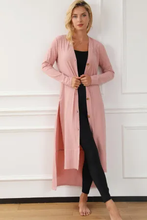 Button Up High-Low Long Sleeve Slit Cardigan