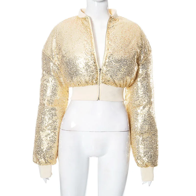 cold weather outfits Joskaa Fashion Women Shiny Gold Sequins Puffer Jacket Cute Warm Bubble Coats Glitter Sequin Parkas Down Zipper Cropped Jackets Parkas