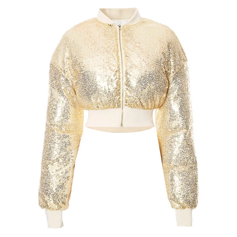 cold weather outfits Joskaa Fashion Women Shiny Gold Sequins Puffer Jacket Cute Warm Bubble Coats Glitter Sequin Parkas Down Zipper Cropped Jackets Parkas