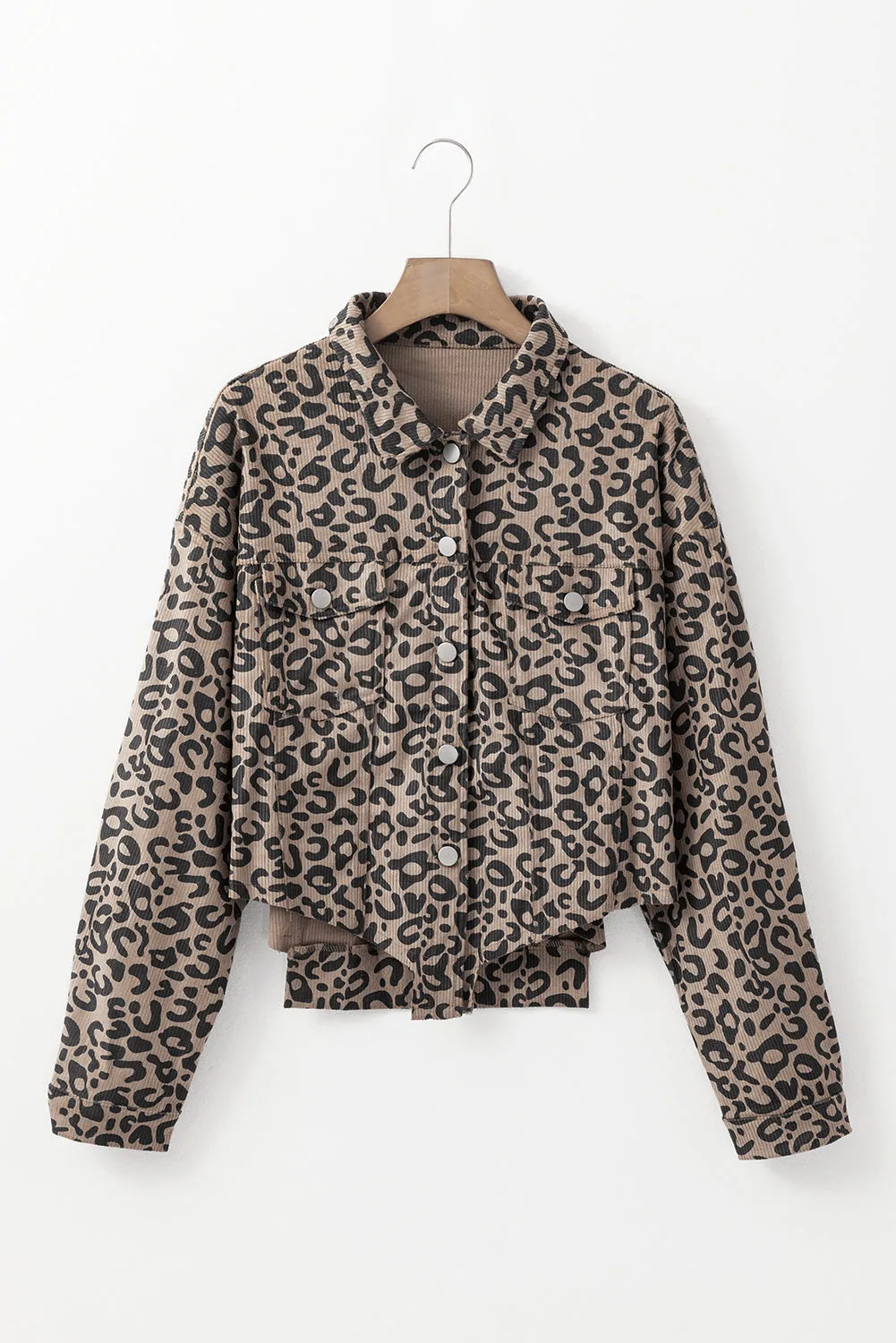 Dark Khaki Leopard Print Corduroy Irregular Hem Buttoned Jacket