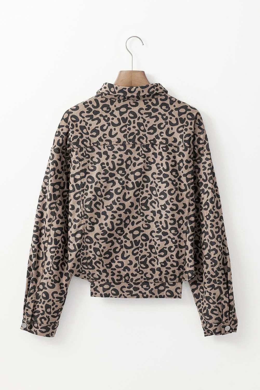 Dark Khaki Leopard Print Corduroy Irregular Hem Buttoned Jacket