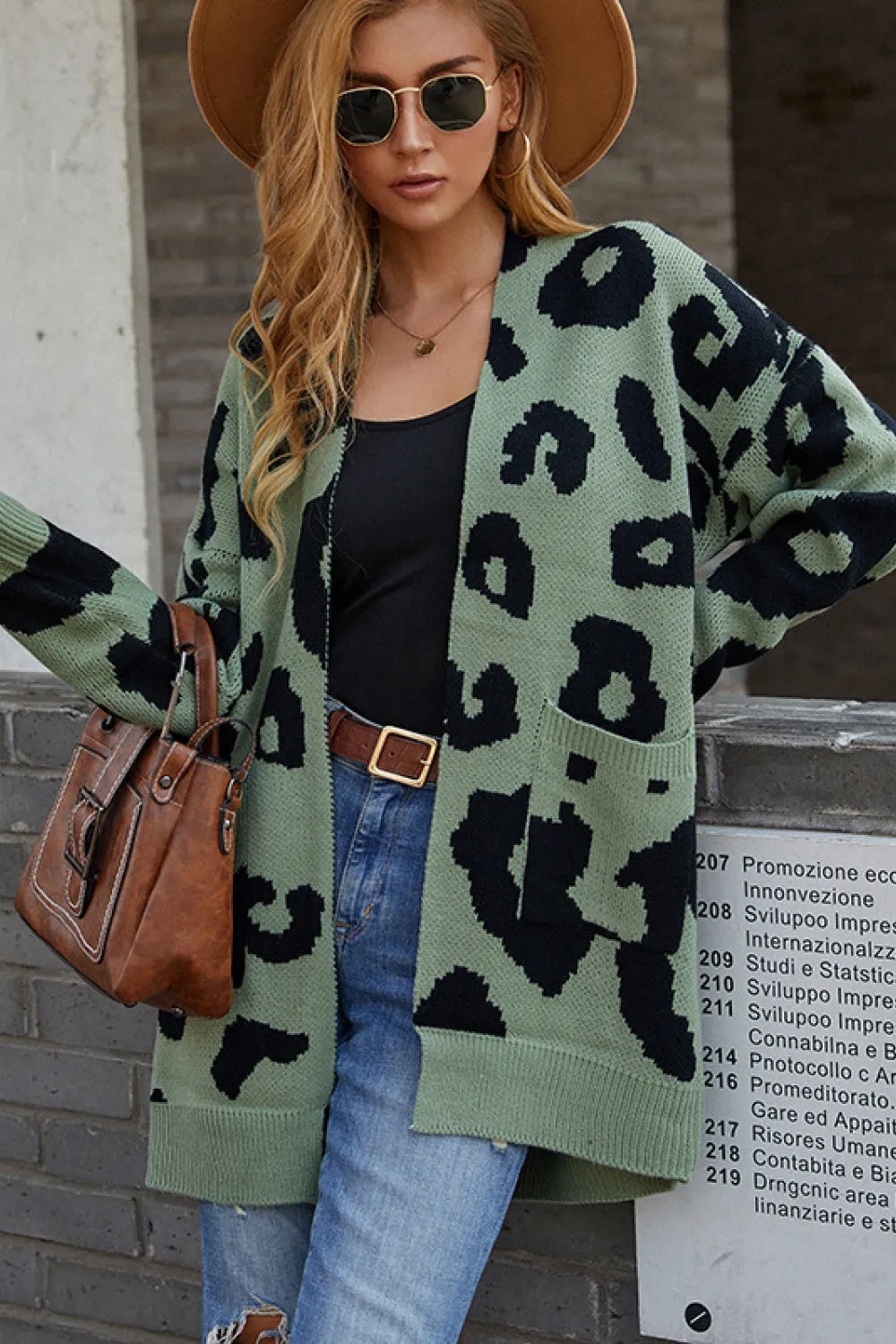 Leopard Print Open Front Sweater with Pockets