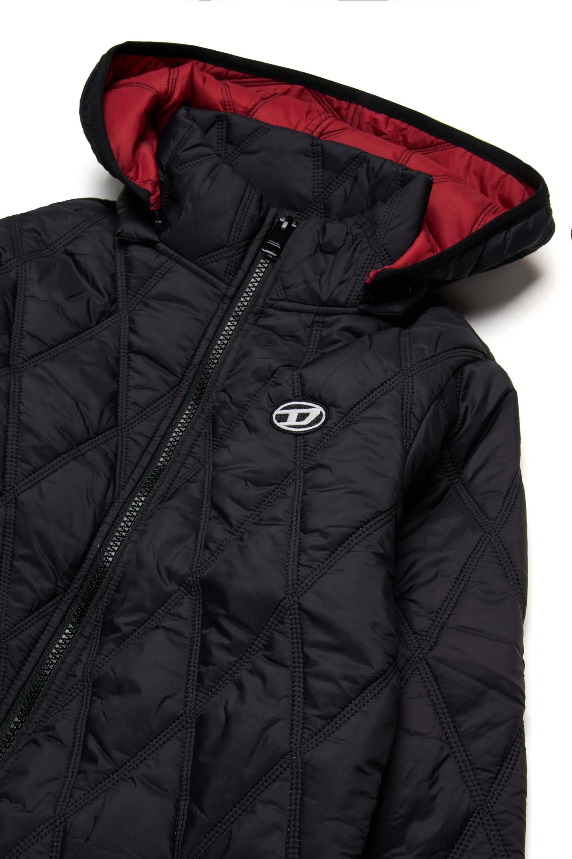 Long lightweight quilted diamond-pattern padded jacket