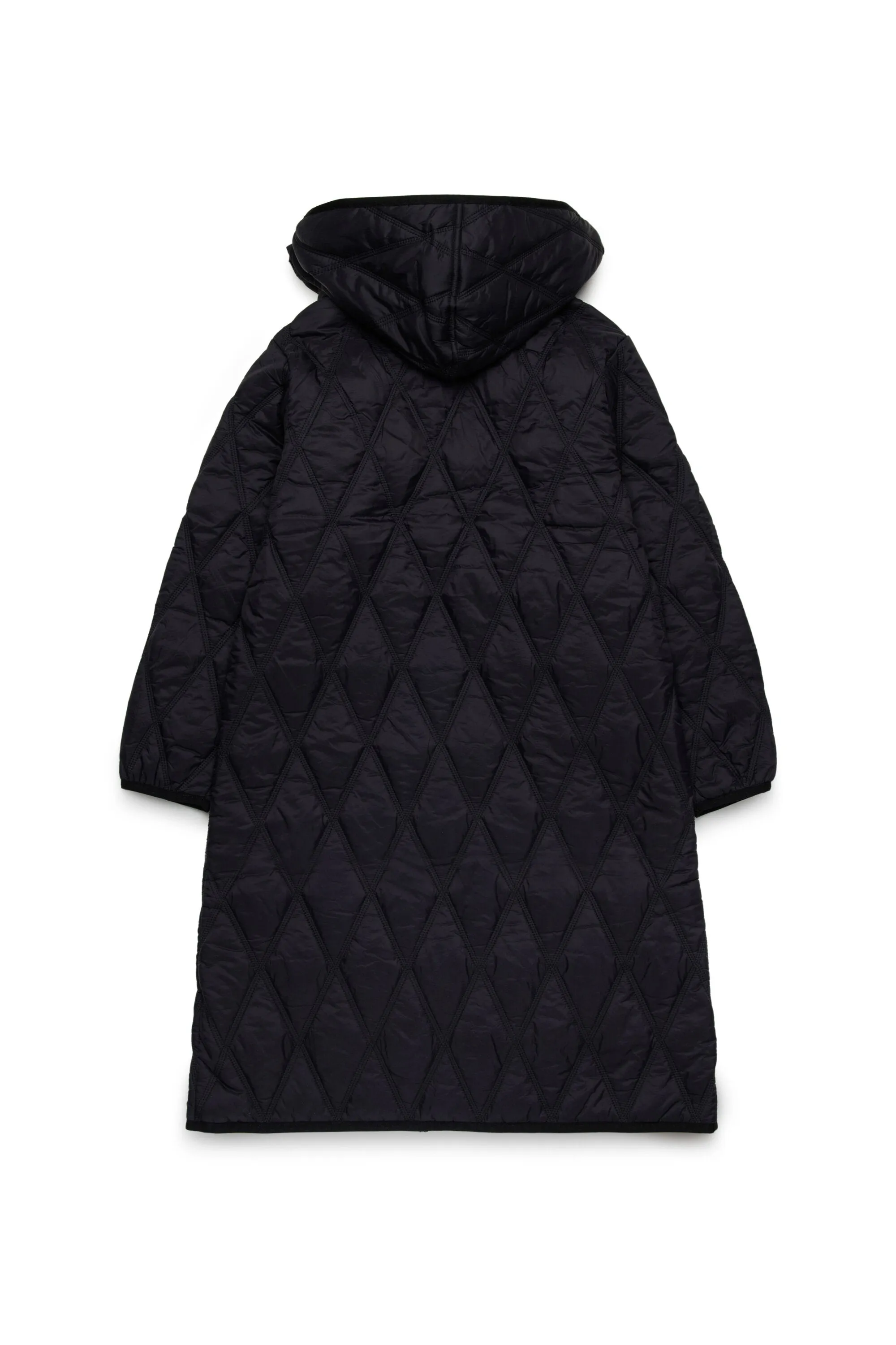 Long lightweight quilted diamond-pattern padded jacket