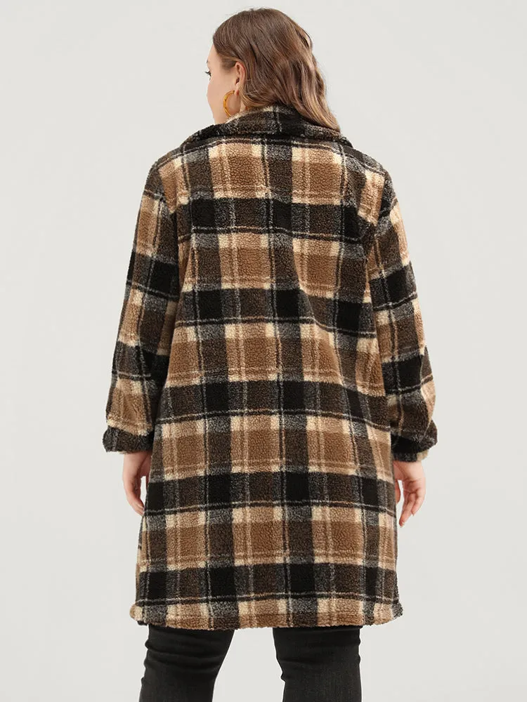 Plaid Flap Pocket Button Up Teddy Coat