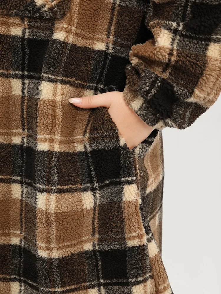 Plaid Flap Pocket Button Up Teddy Coat