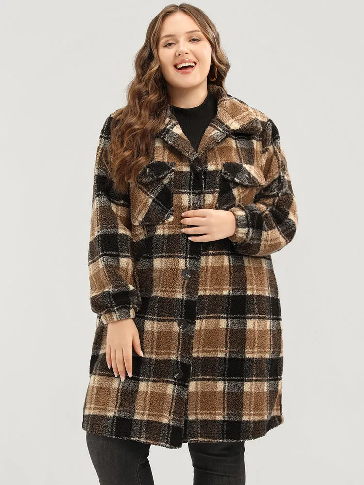 Plaid Flap Pocket Button Up Teddy Coat