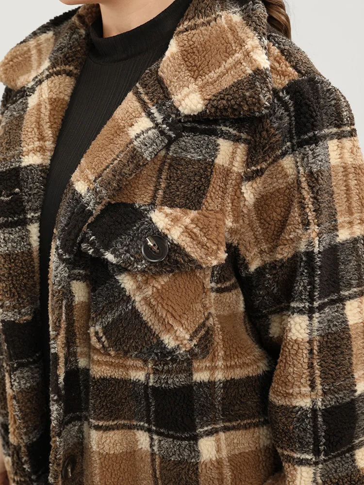 Plaid Flap Pocket Button Up Teddy Coat