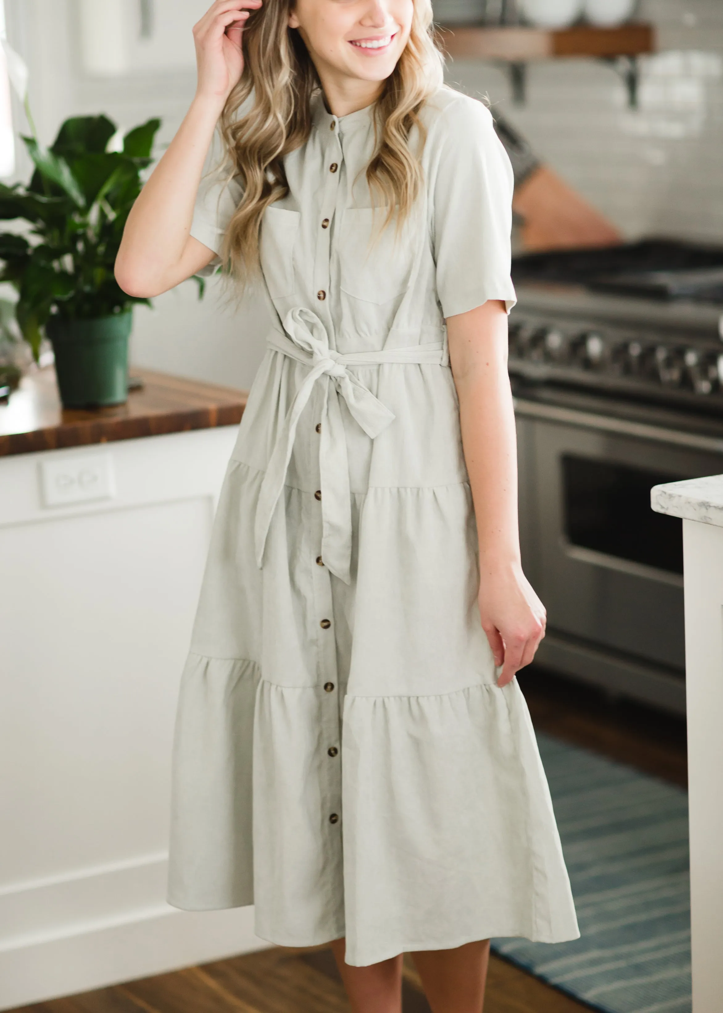 Sage Corduroy Tiered Midi Dress