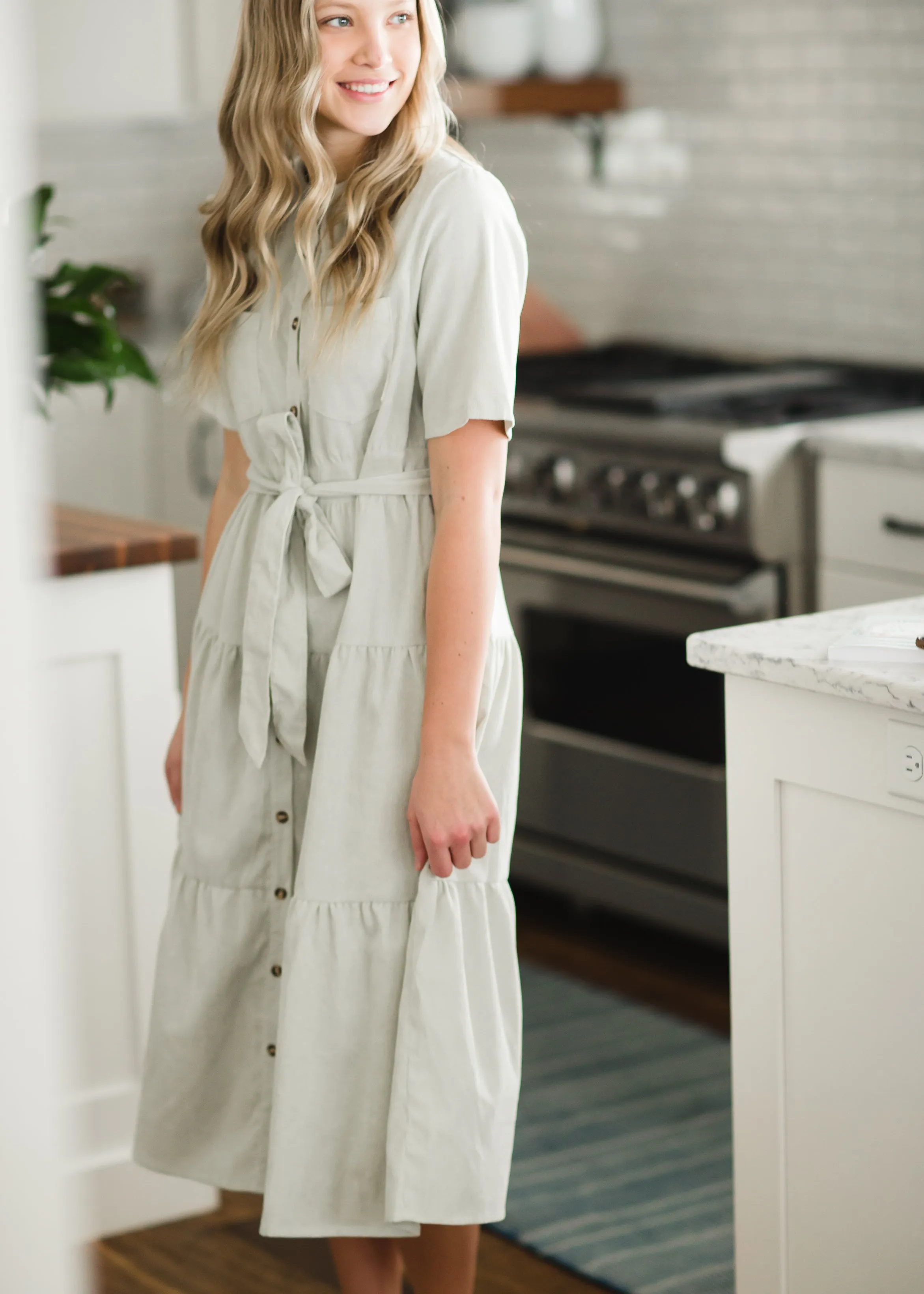 Sage Corduroy Tiered Midi Dress