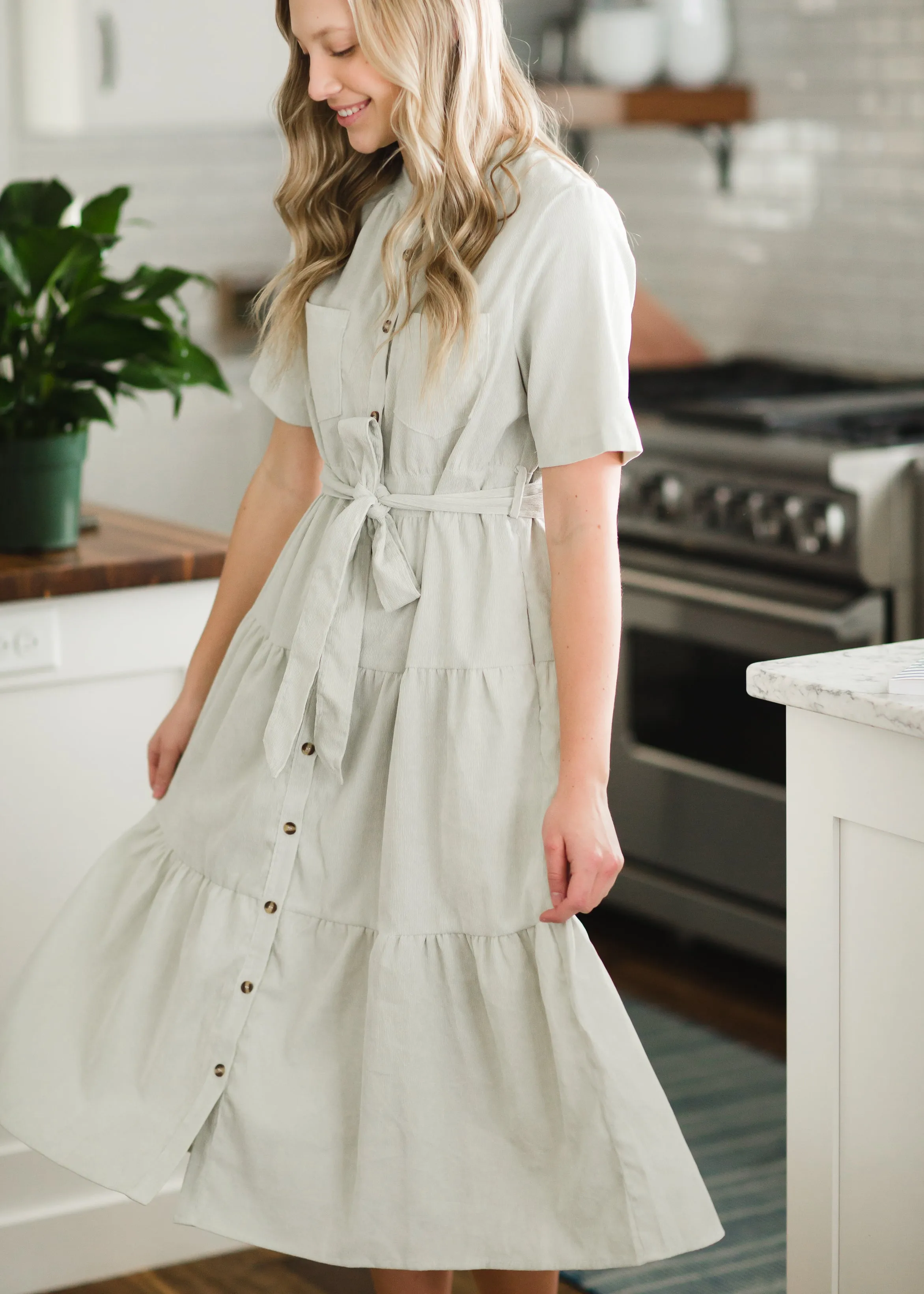 Sage Corduroy Tiered Midi Dress