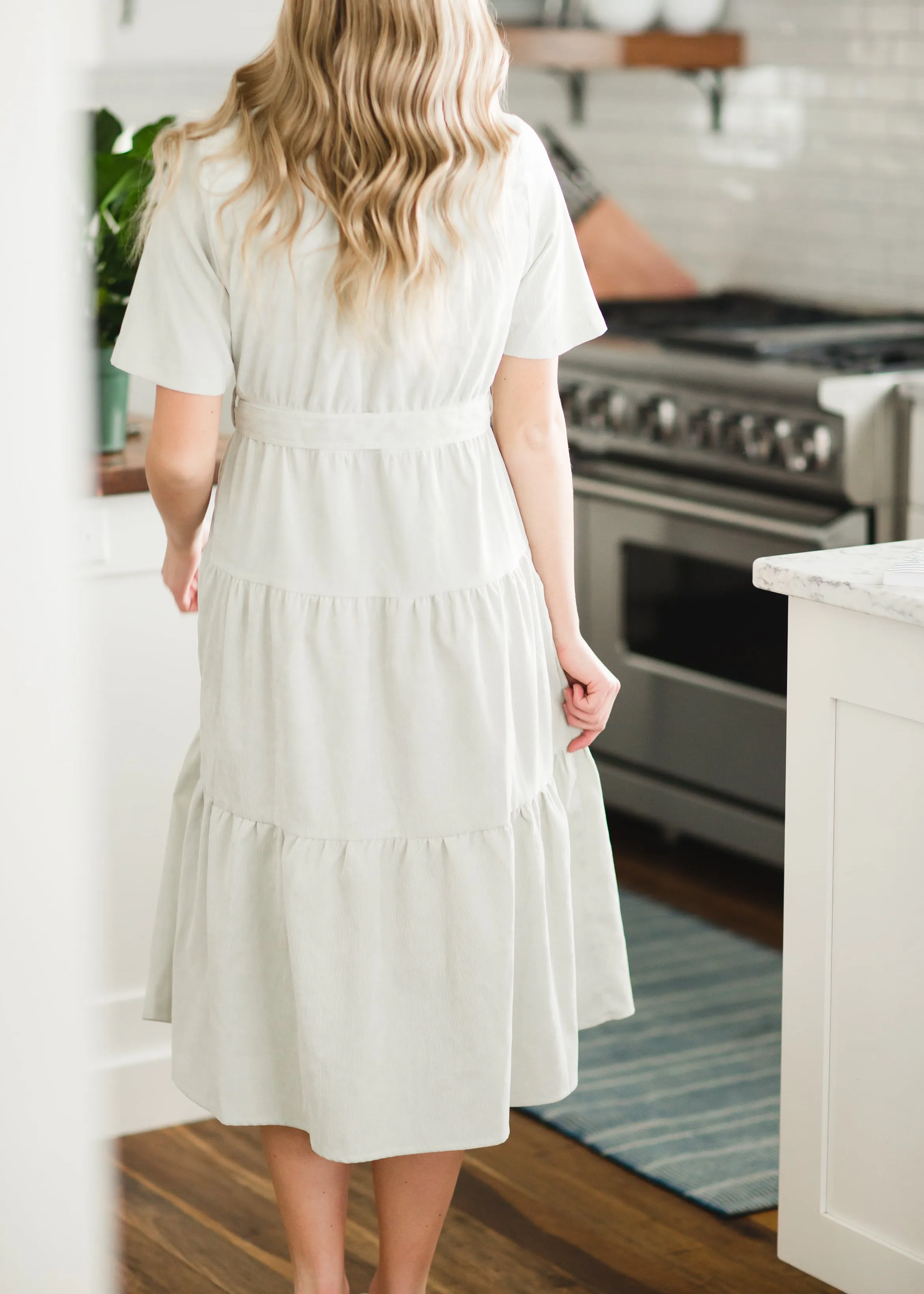 Sage Corduroy Tiered Midi Dress