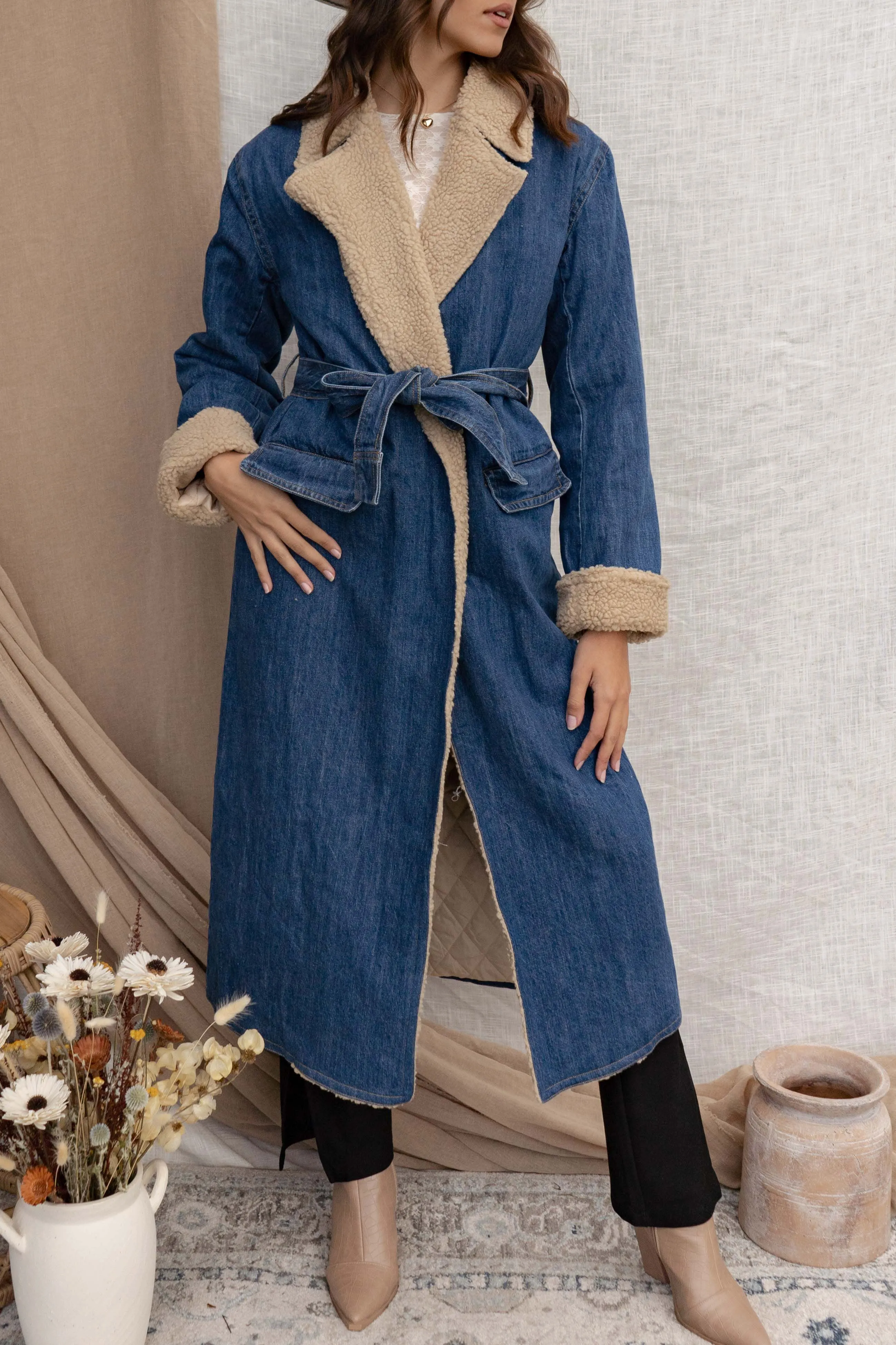 Sherpa Lined Denim Trench Coat