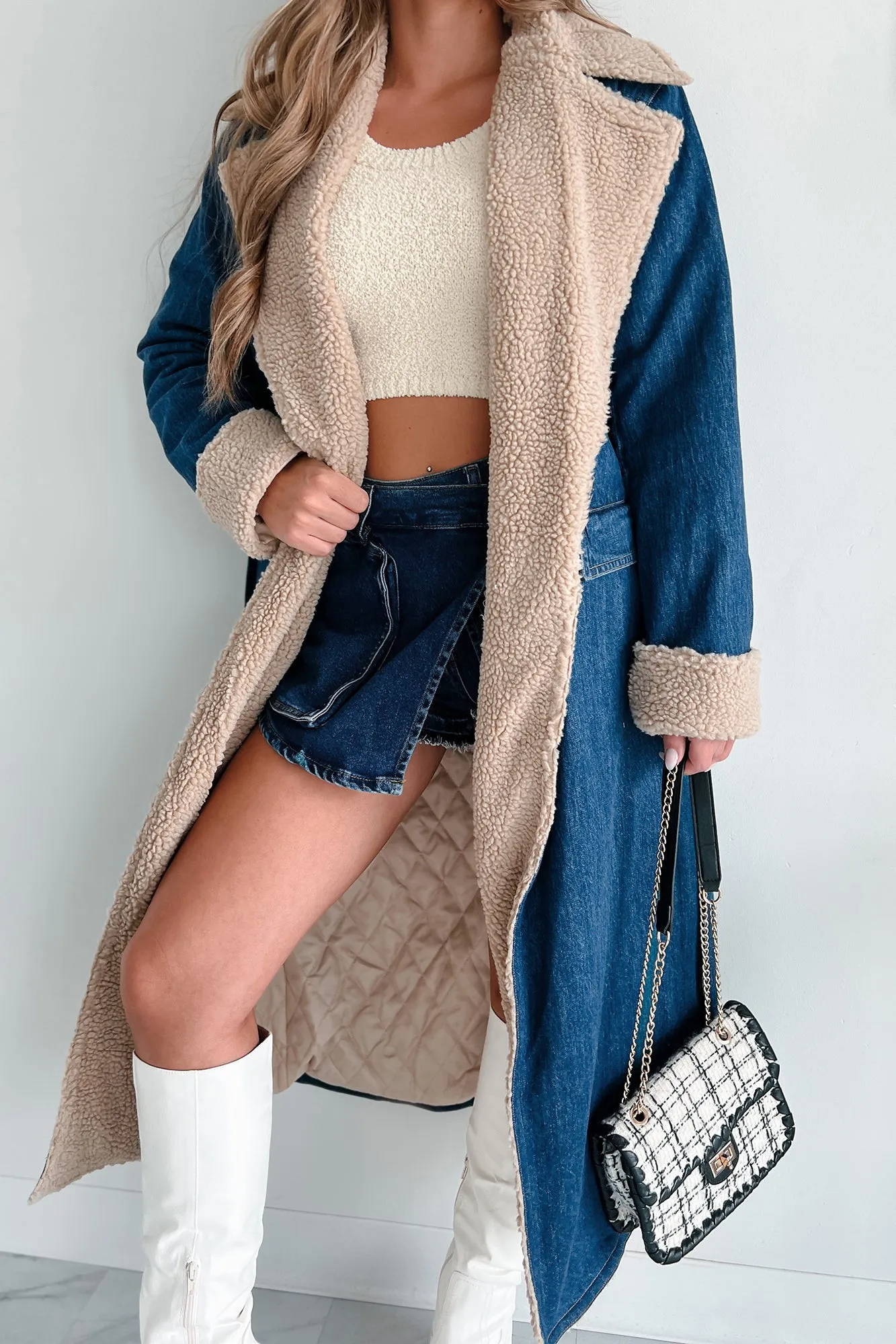 Sherpa Lined Denim Trench Coat