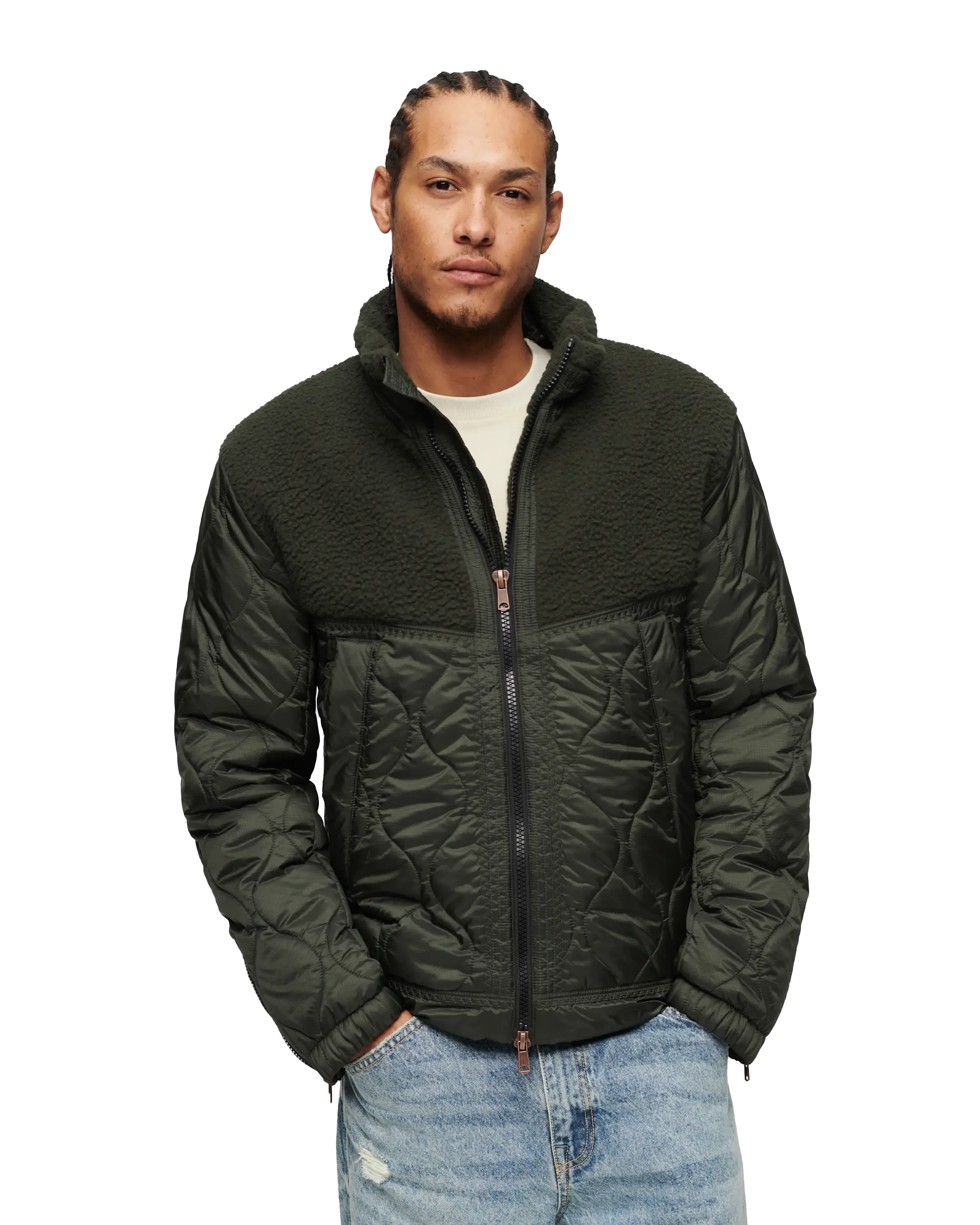 Sherpa Quilted Hybrid Jacket in Dark Grey Green