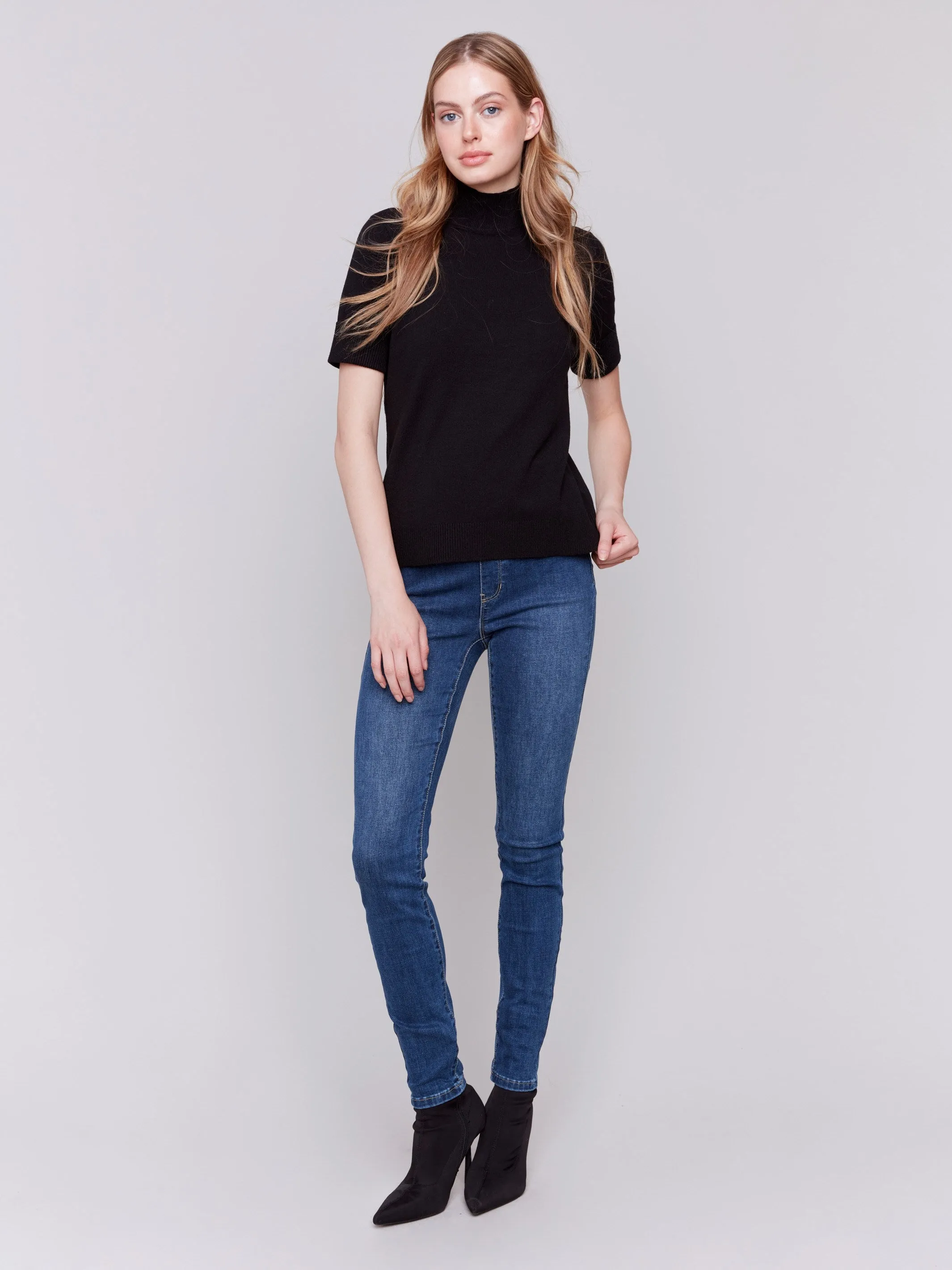 Short Sleeve Mock Neck Sweater - Black