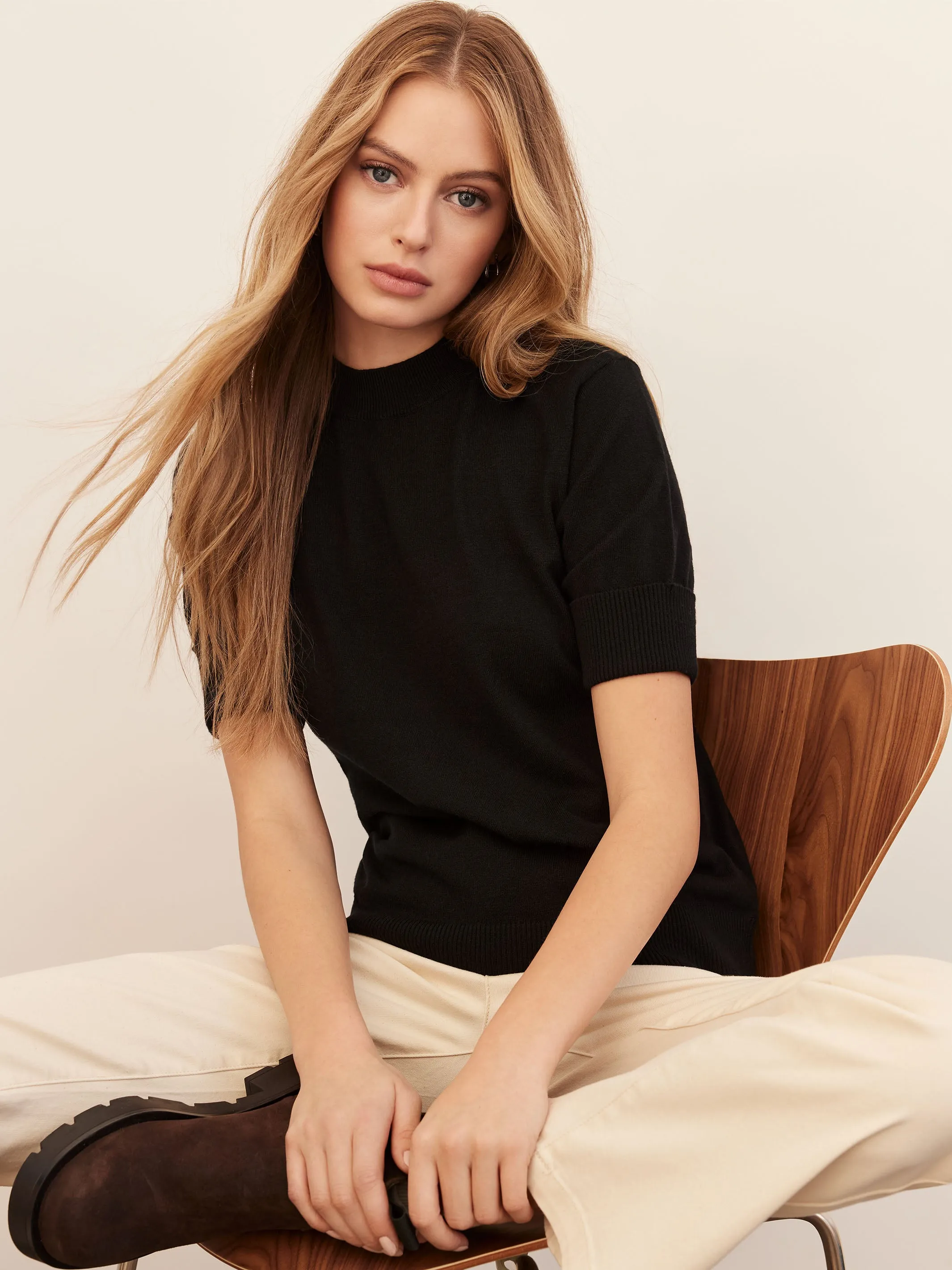 Short Sleeve Mock Neck Sweater - Black