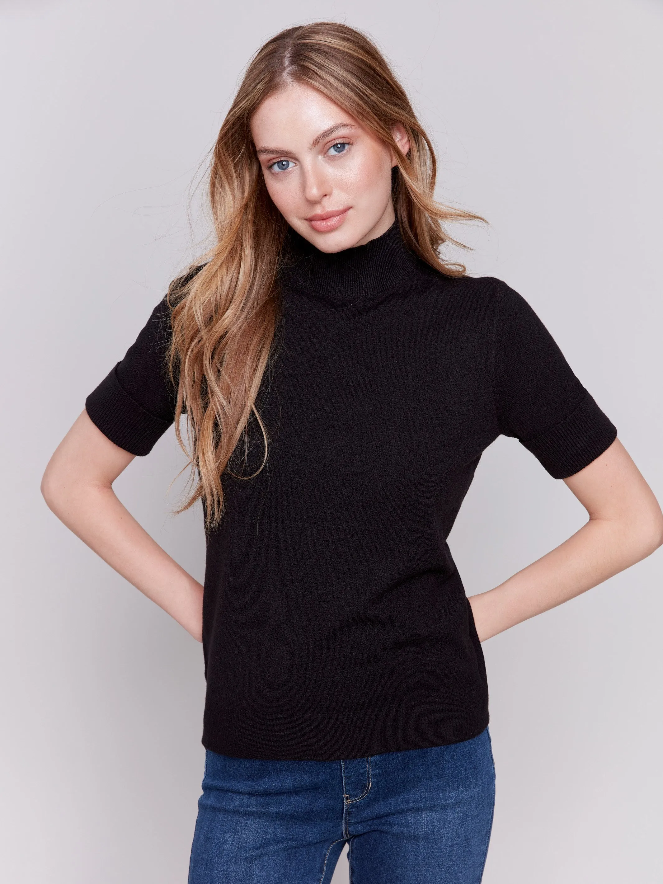 Short Sleeve Mock Neck Sweater - Black