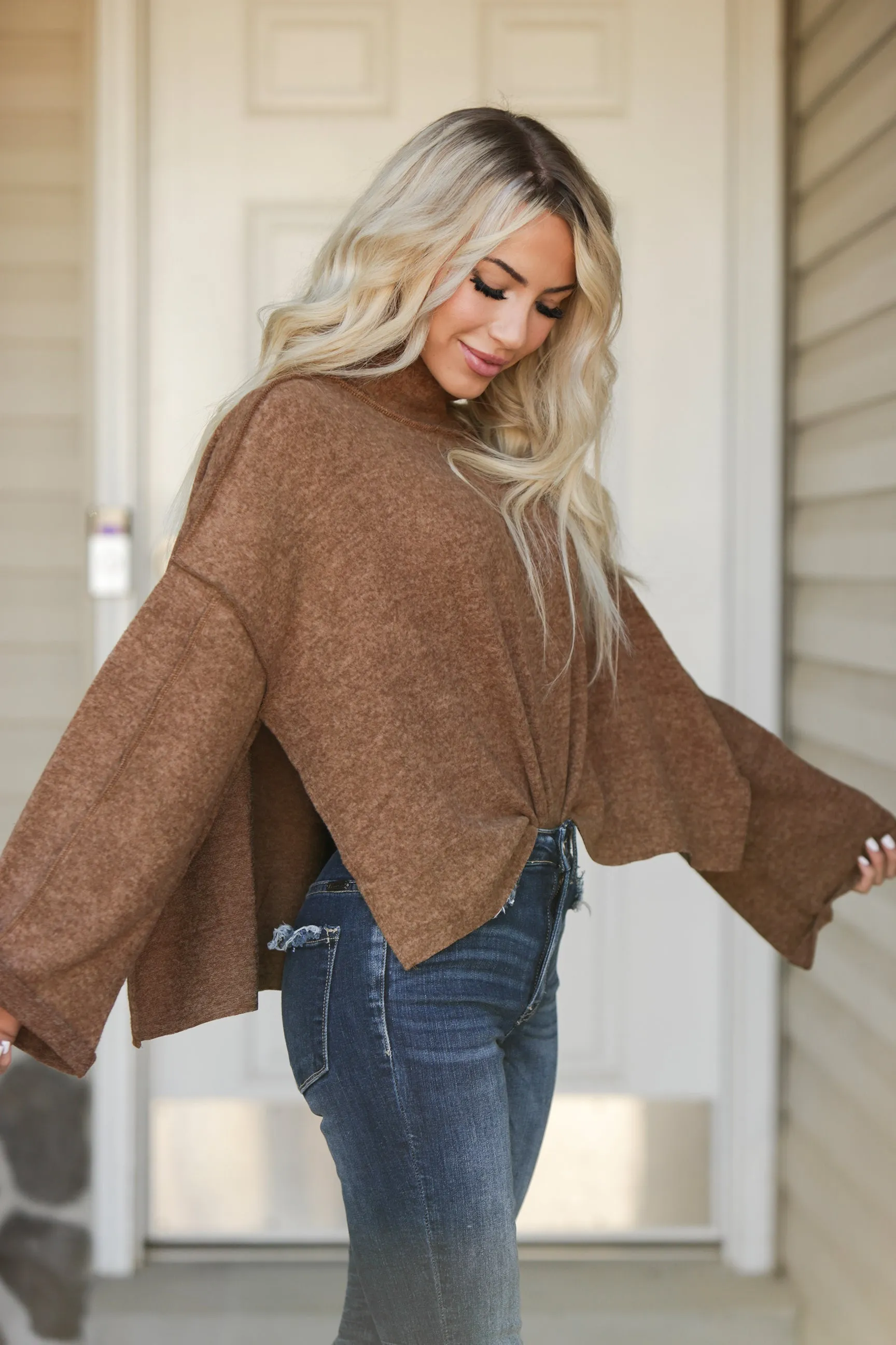 Side Slit Mock Neck Sweater