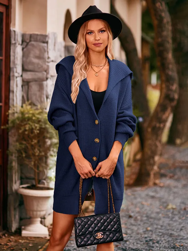 Solid Wool Button Pockets Mid-Length Cardigan