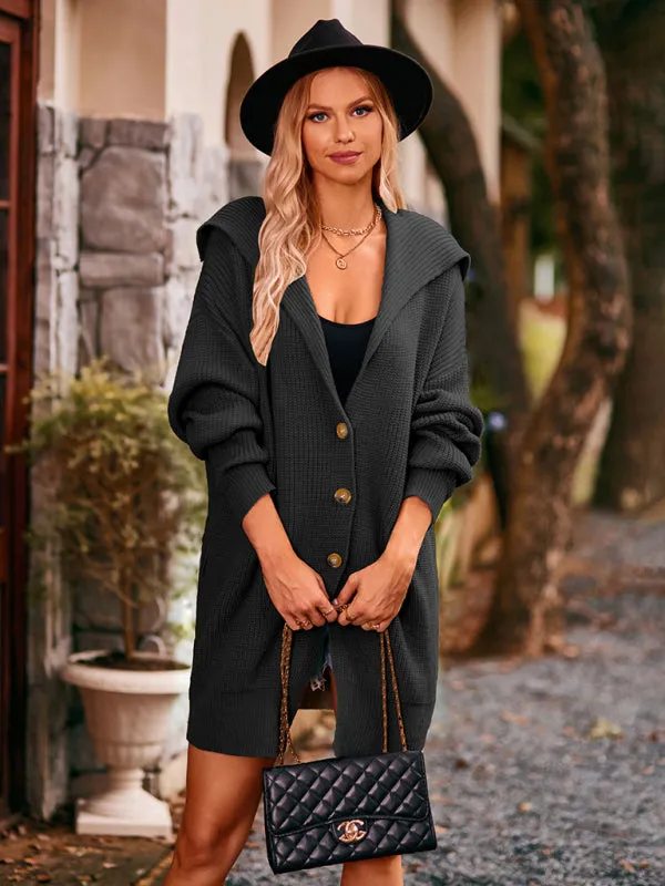 Solid Wool Button Pockets Mid-Length Cardigan