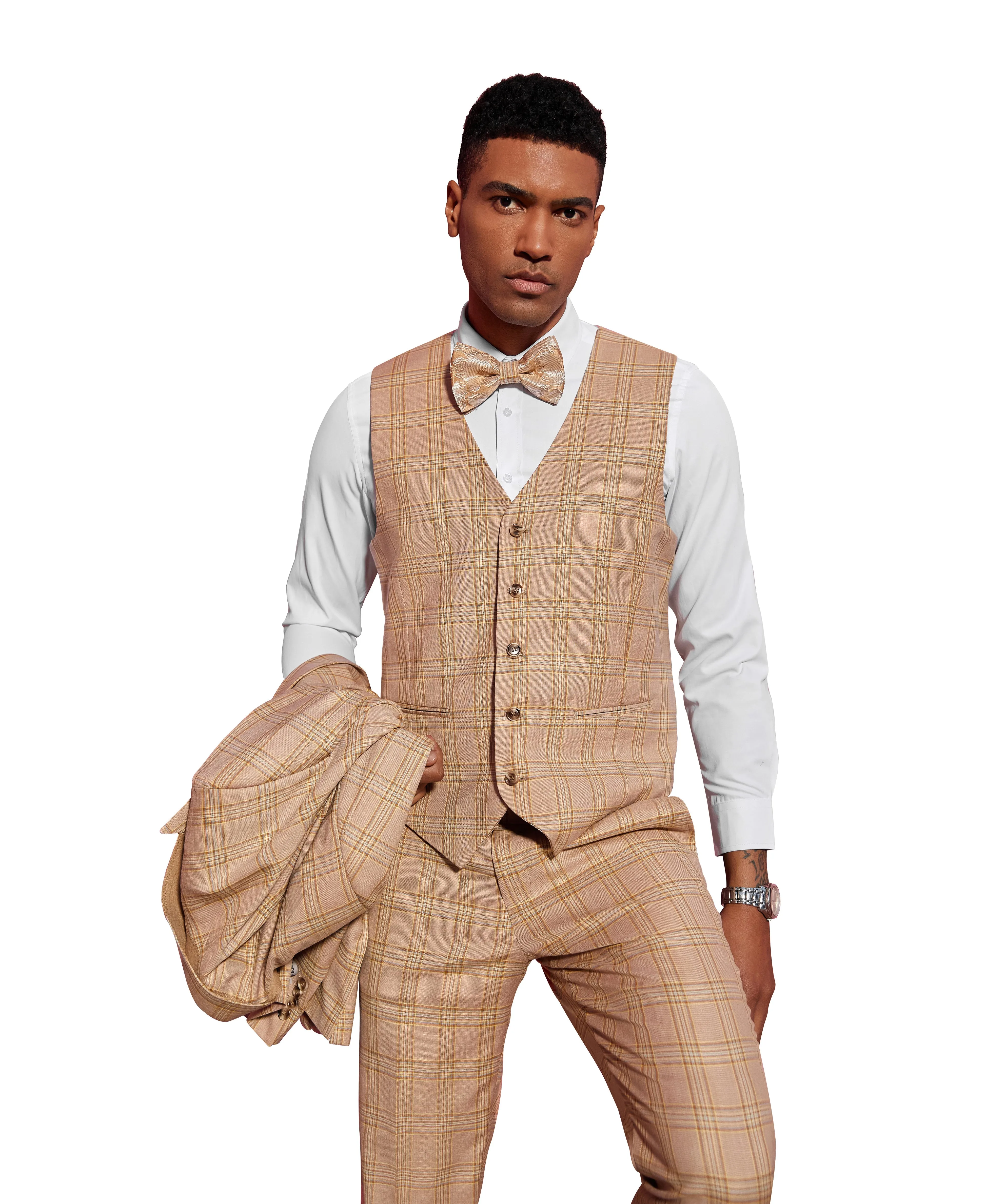 Stacy Adams Hybrid-Fit Vested Suit, Glen Check Light Tan