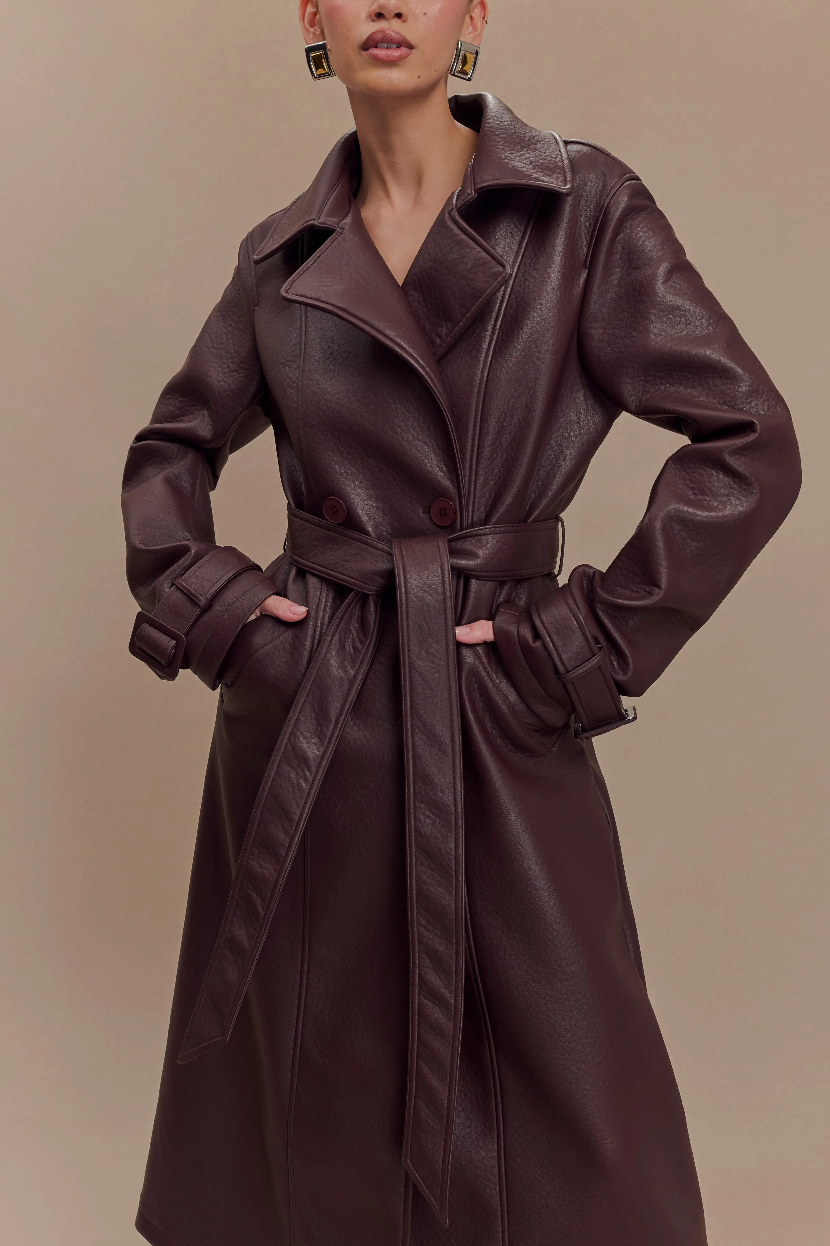 Tarah Faux Leather Trench Coat - Cacao Brown