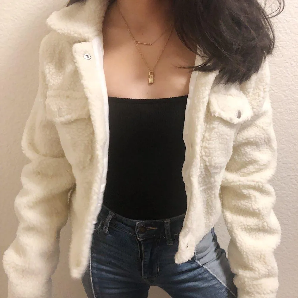 Thick White Short Teddy Faux Fur Cropped Jacket Winter Coats