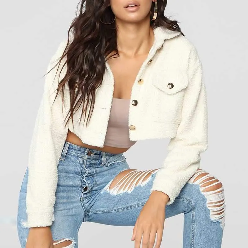 Thick White Short Teddy Faux Fur Cropped Jacket Winter Coats