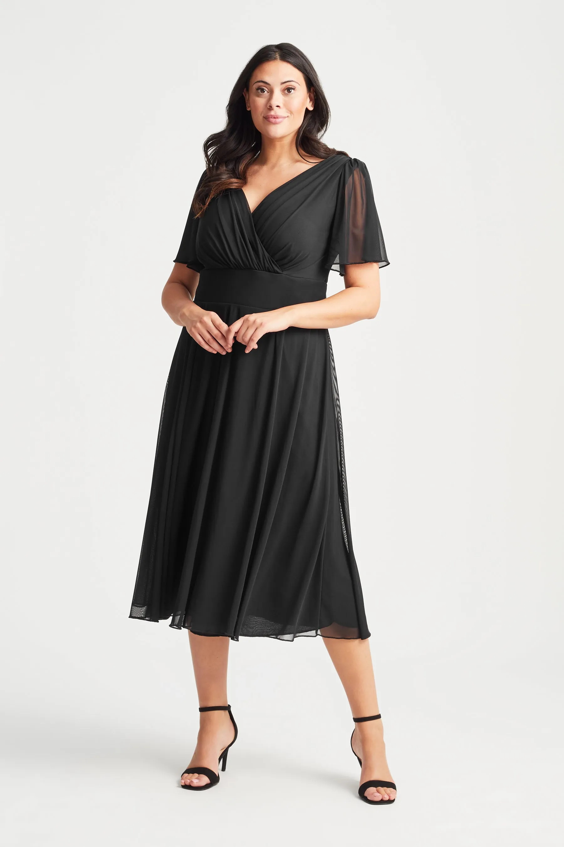 Victoria Black Angel Sleeve Mesh Midi Dress