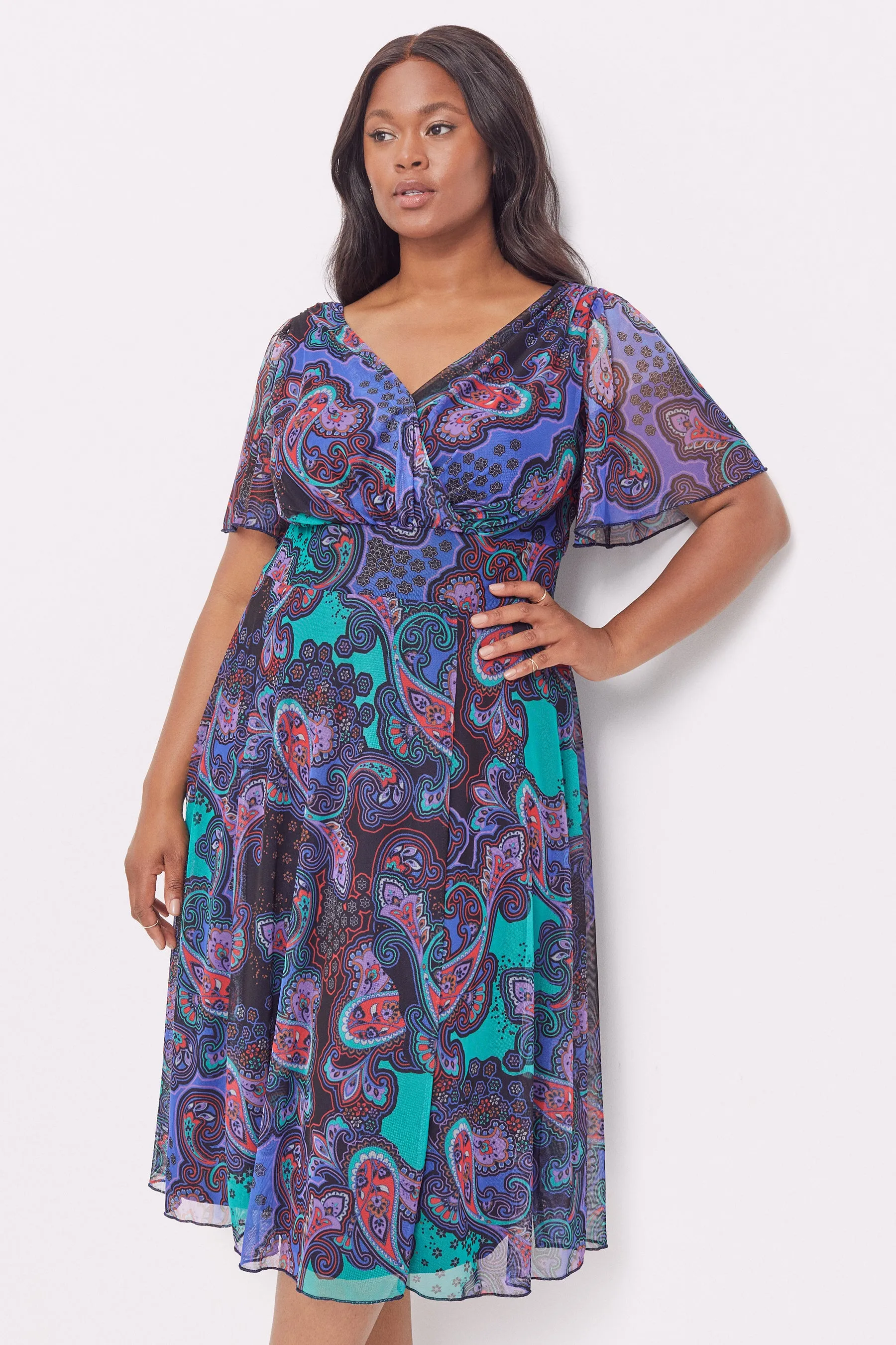 Victoria Blue Multi Angel Sleeve Mesh Midi Dress