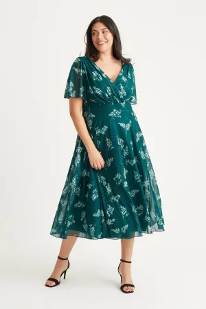 Victoria Bottle Green Print Angel Sleeve Mesh Long Midi Dress