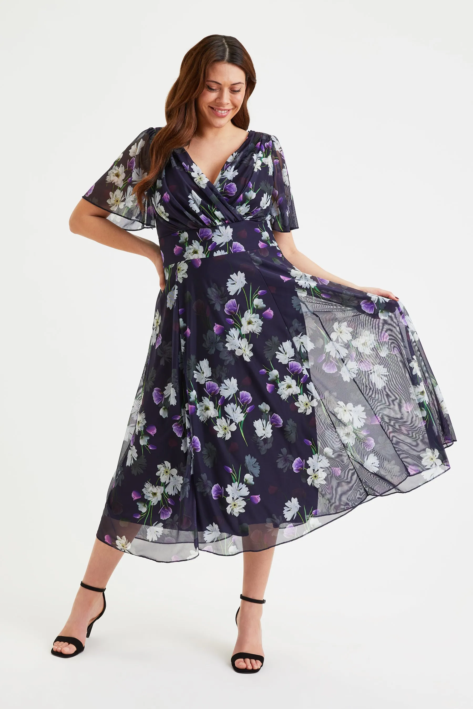 Victoria Dark Navy Violet Angel Sleeve Mesh Long Midi Dress