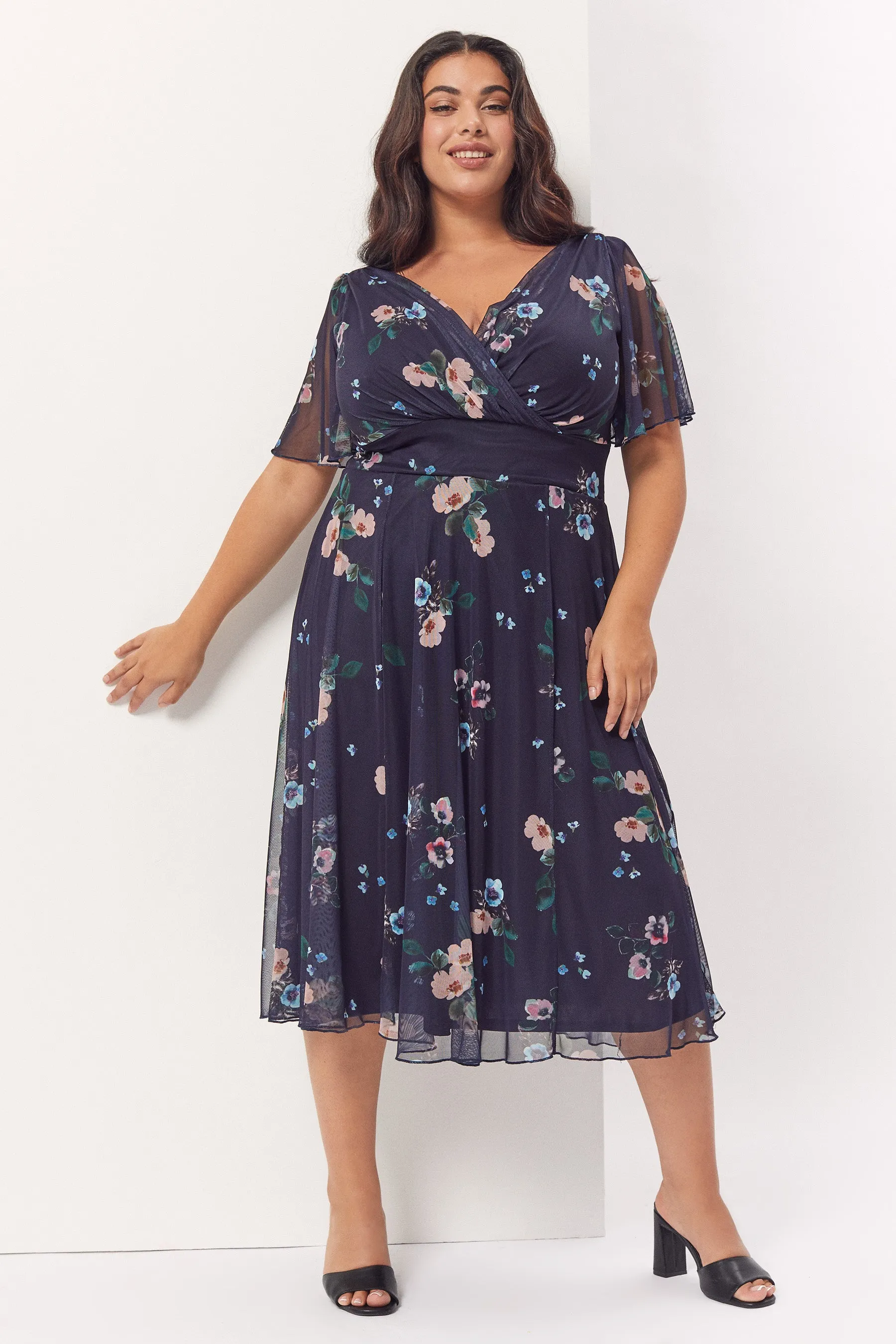 Victoria Navy Nude Angel Sleeve Mesh Midi Dress