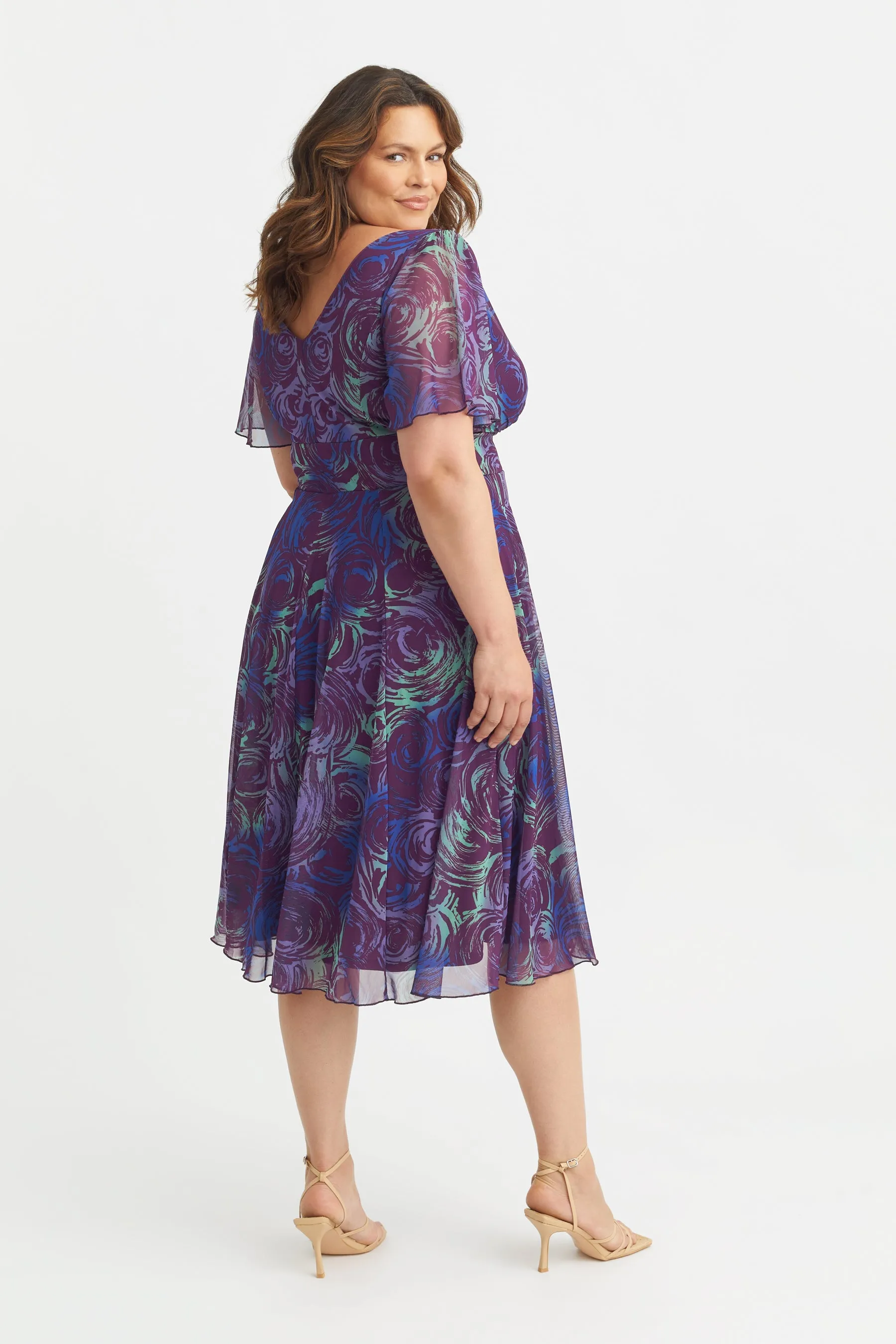 Victoria Purple Blue Angel Sleeve Mesh Midi Dress