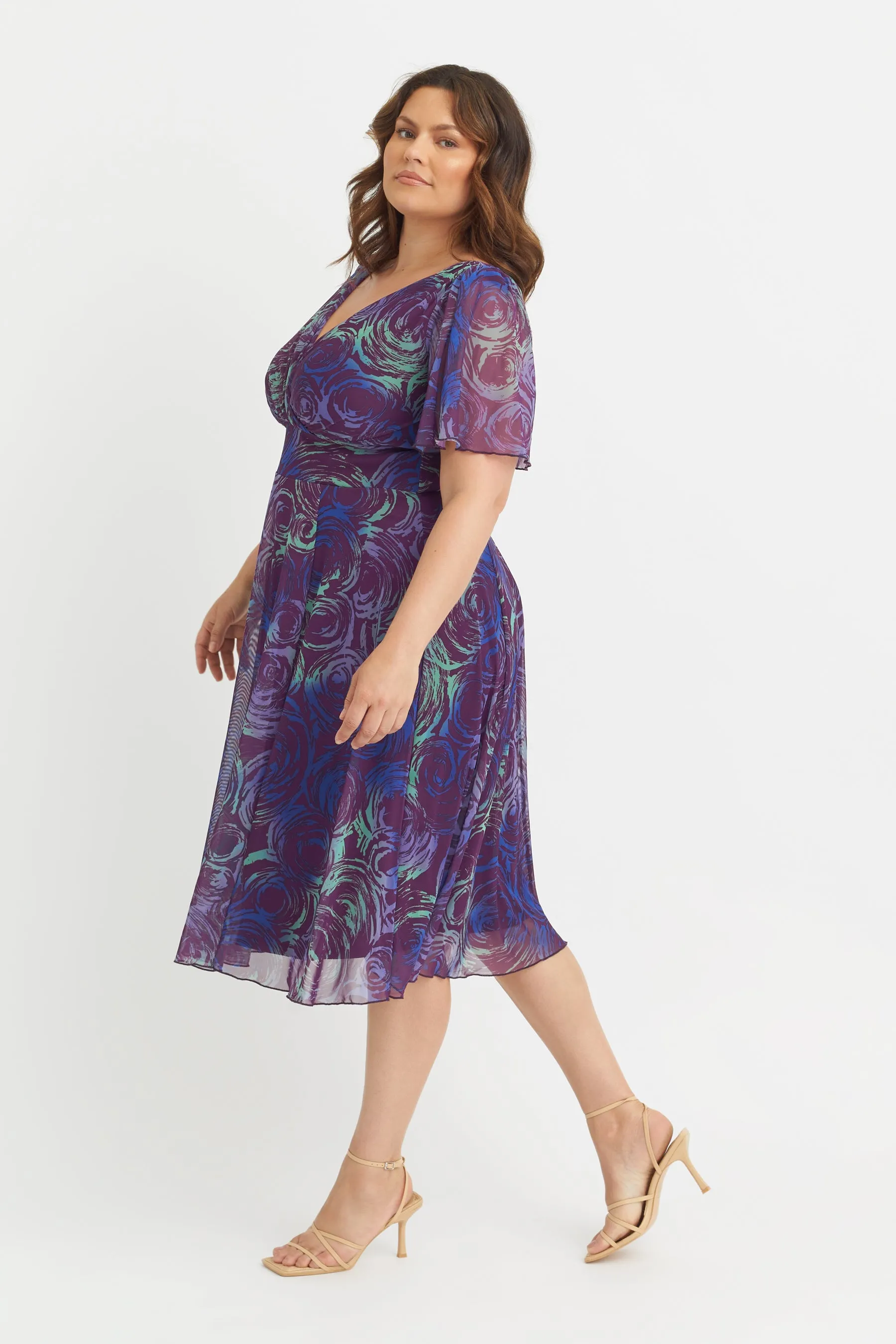 Victoria Purple Blue Angel Sleeve Mesh Midi Dress