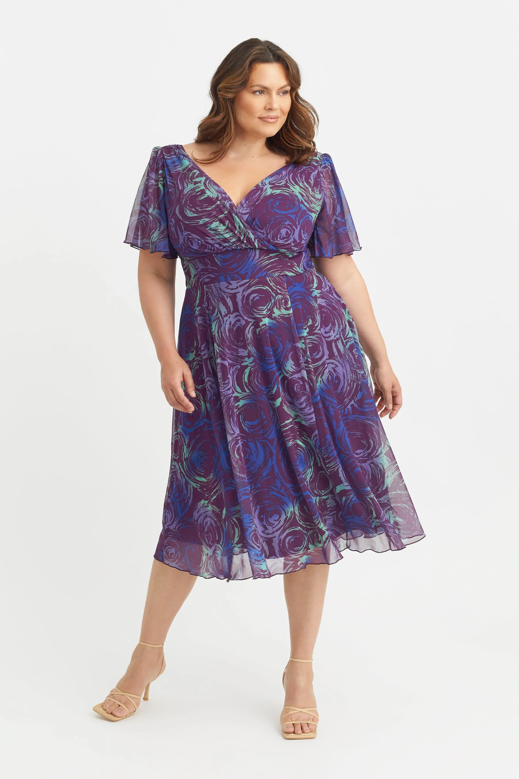 Victoria Purple Blue Angel Sleeve Mesh Midi Dress