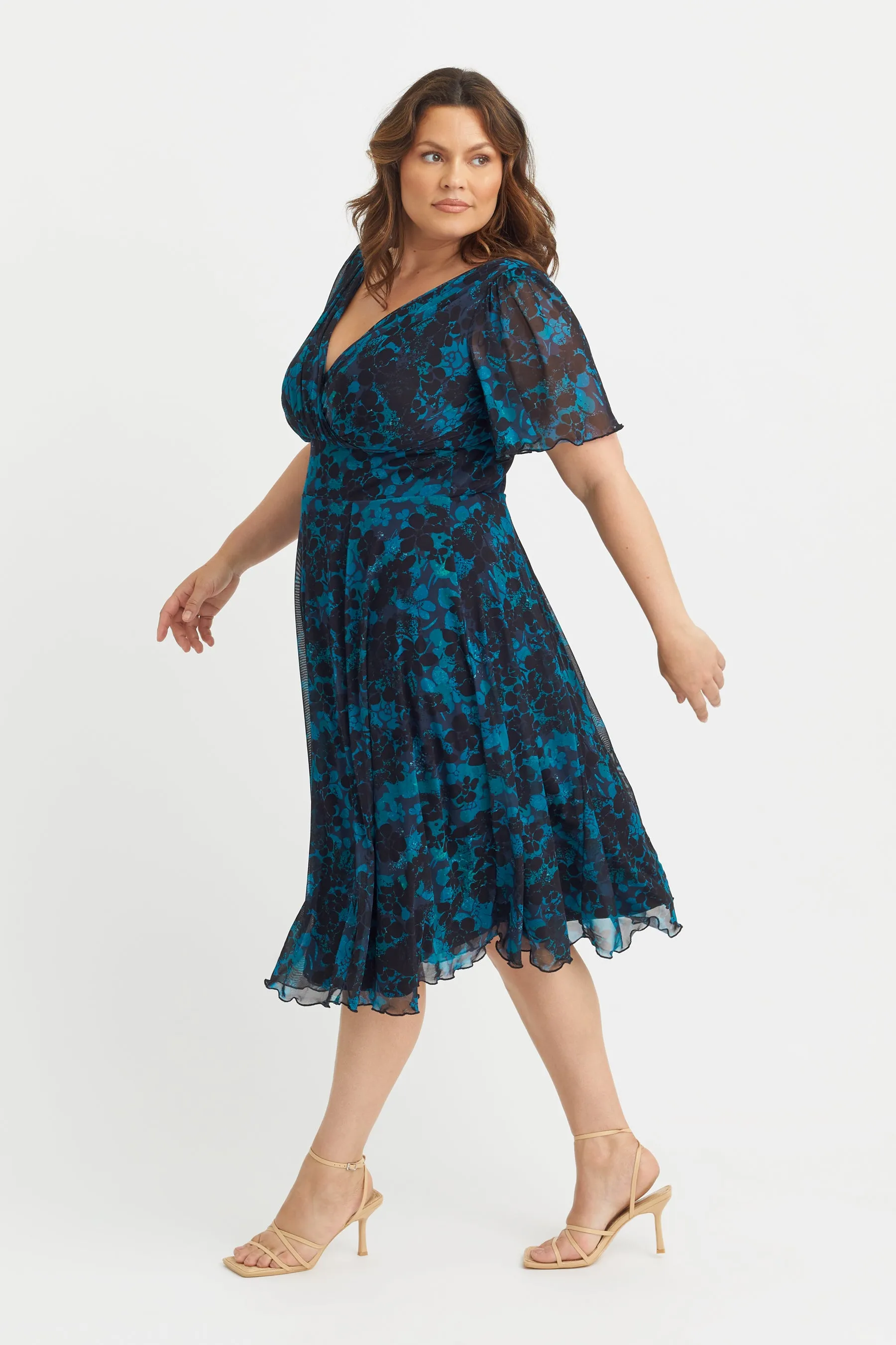 Victoria Teal Black Angel Sleeve Mesh Midi Dress