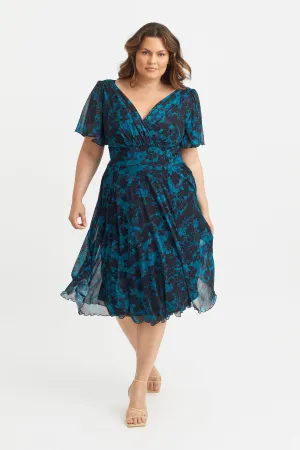 Victoria Teal Black Angel Sleeve Mesh Midi Dress