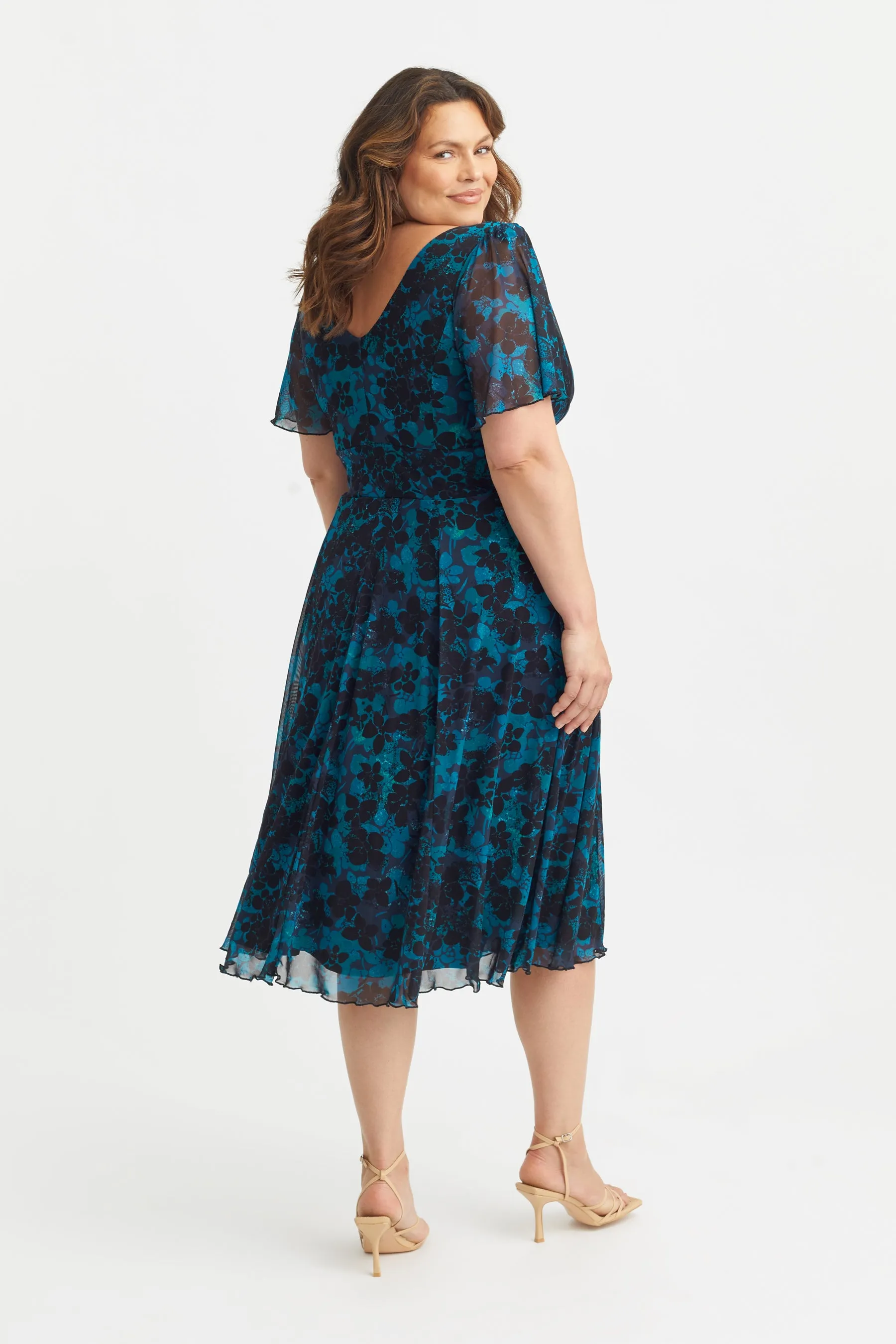 Victoria Teal Black Angel Sleeve Mesh Midi Dress