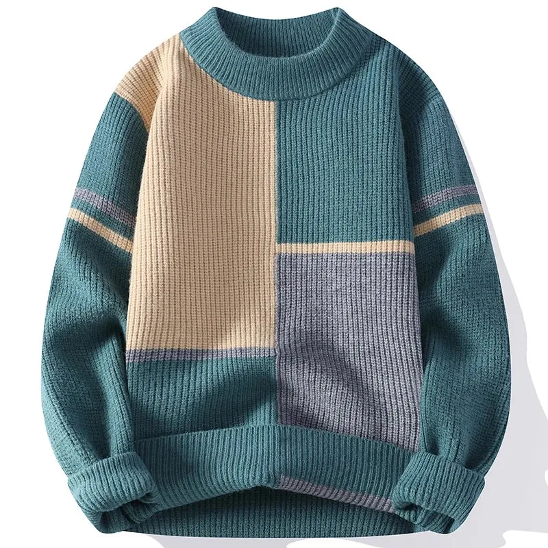 Wiaofellas  -  Autumn Winter O Neck Pullovers Men Patchwork Casual Knit Sweater Fashion Youthful Vitality Knitted Warm Pullover Man Y2K Sweater