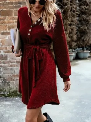 Women's Long Sleeve Knitted A-Line Dress With Front Button Design And Belt