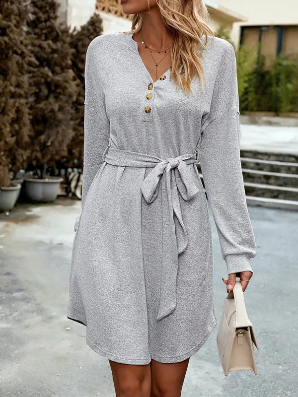 Women's Long Sleeve Knitted A-Line Dress With Front Button Design And Belt